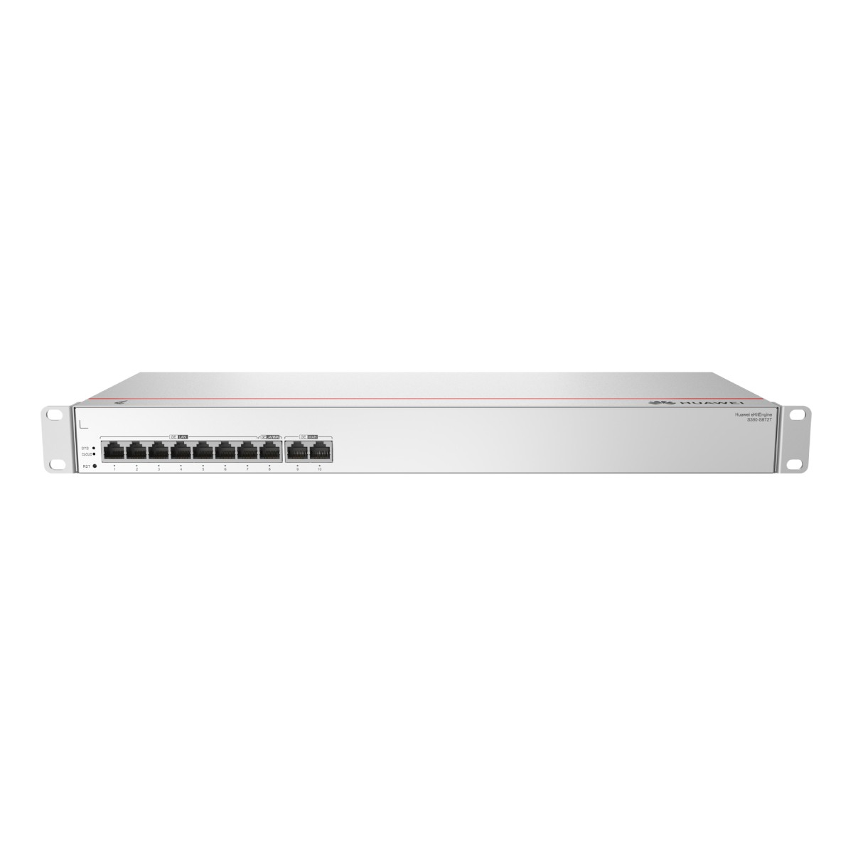 Dispositivo Huawei argentato con 10 porte Ethernet etichettate LAN, WAN e WLAN.