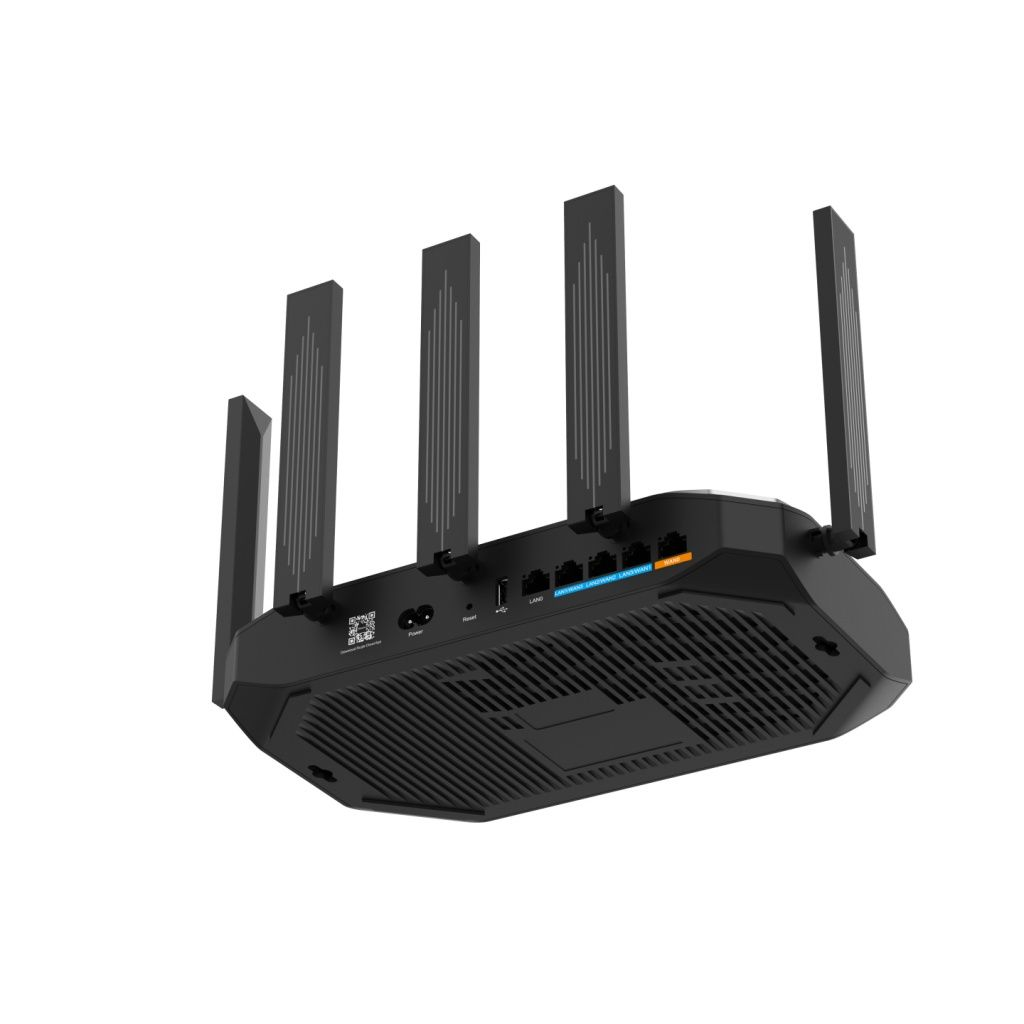 Un router nero con quattro antenne e porte sul retro.