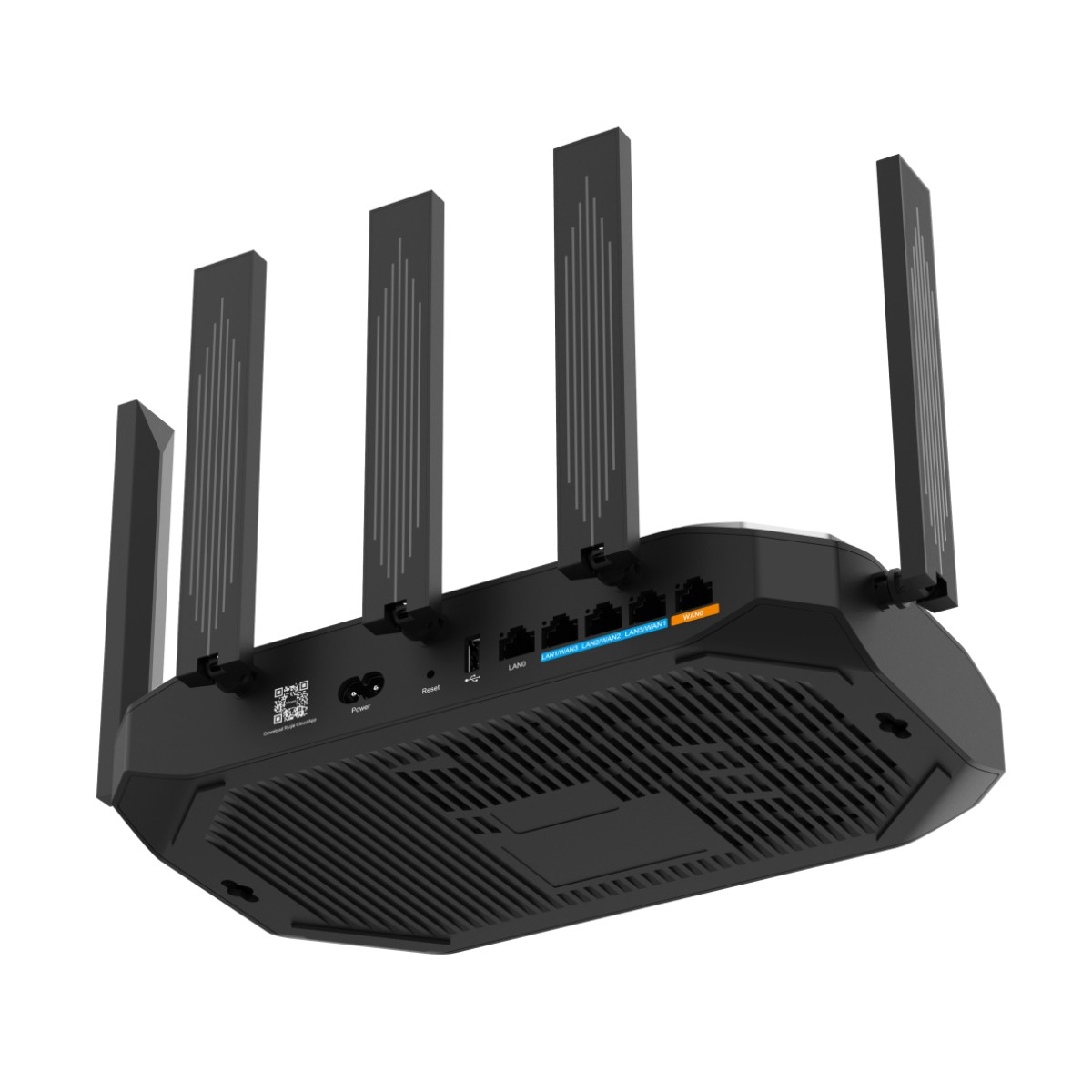 Un router Wi-Fi nero con quattro antenne, porte e codice QR.