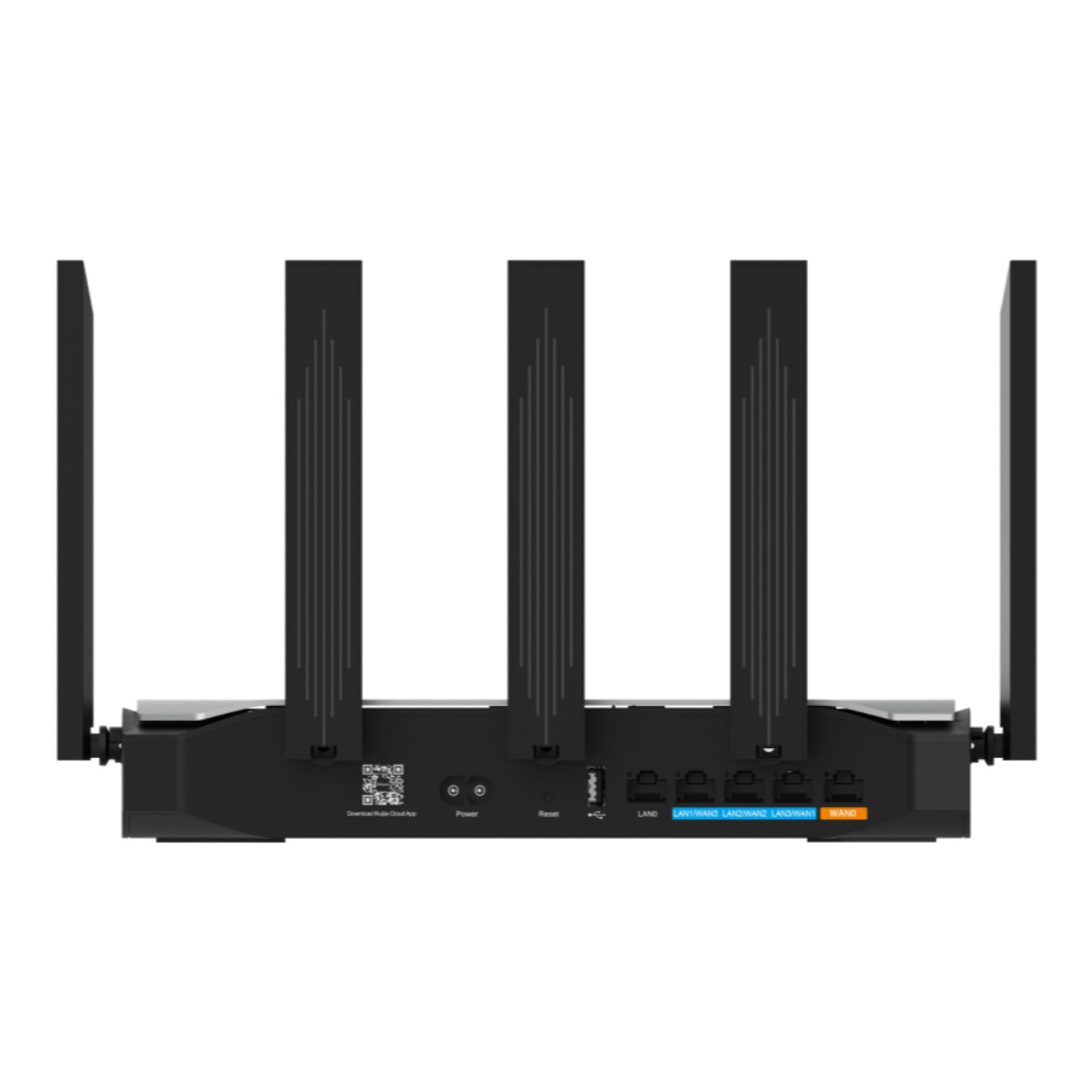 Router nero con quattro antenne. Porte etichettate LAN, WAN e LAN/WAN.