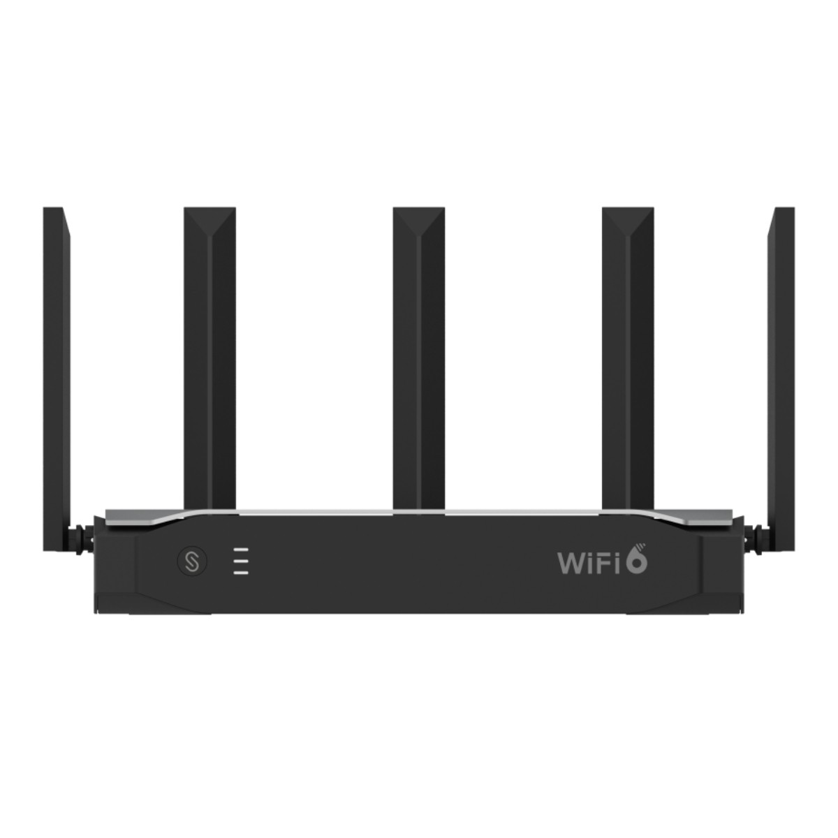 Un router WiFi nero con quattro antenne si erge su sfondo bianco.