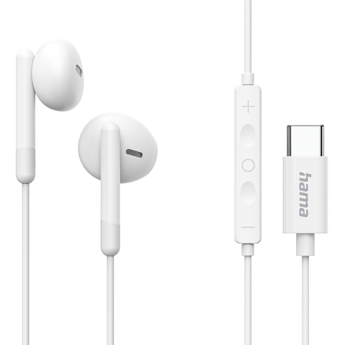 Białe słuchawki z wtyczką USB-C i pilotem liniowym na białym tle.