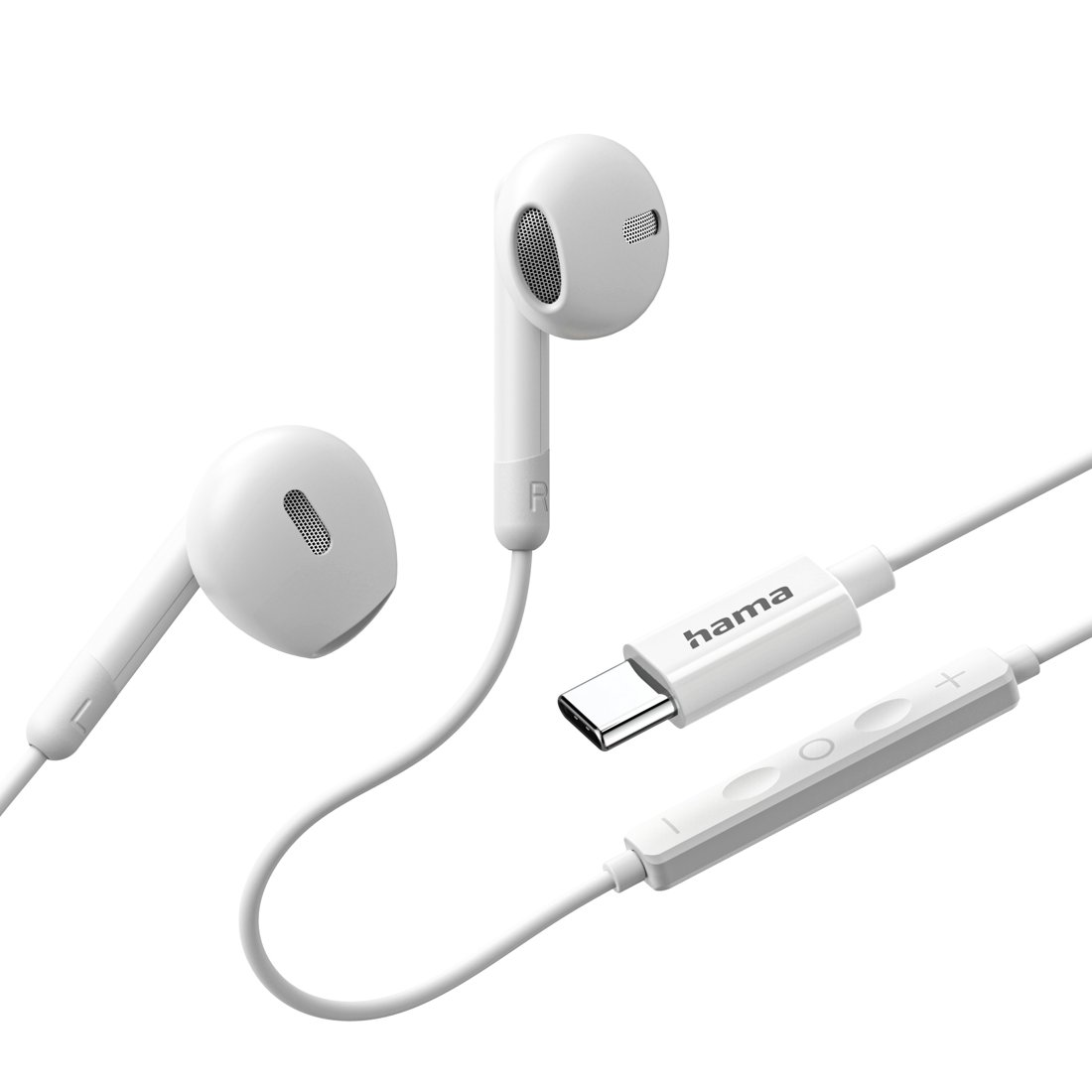 Białe słuchawki Hama ze złączem USB-C i pilotem liniowym.