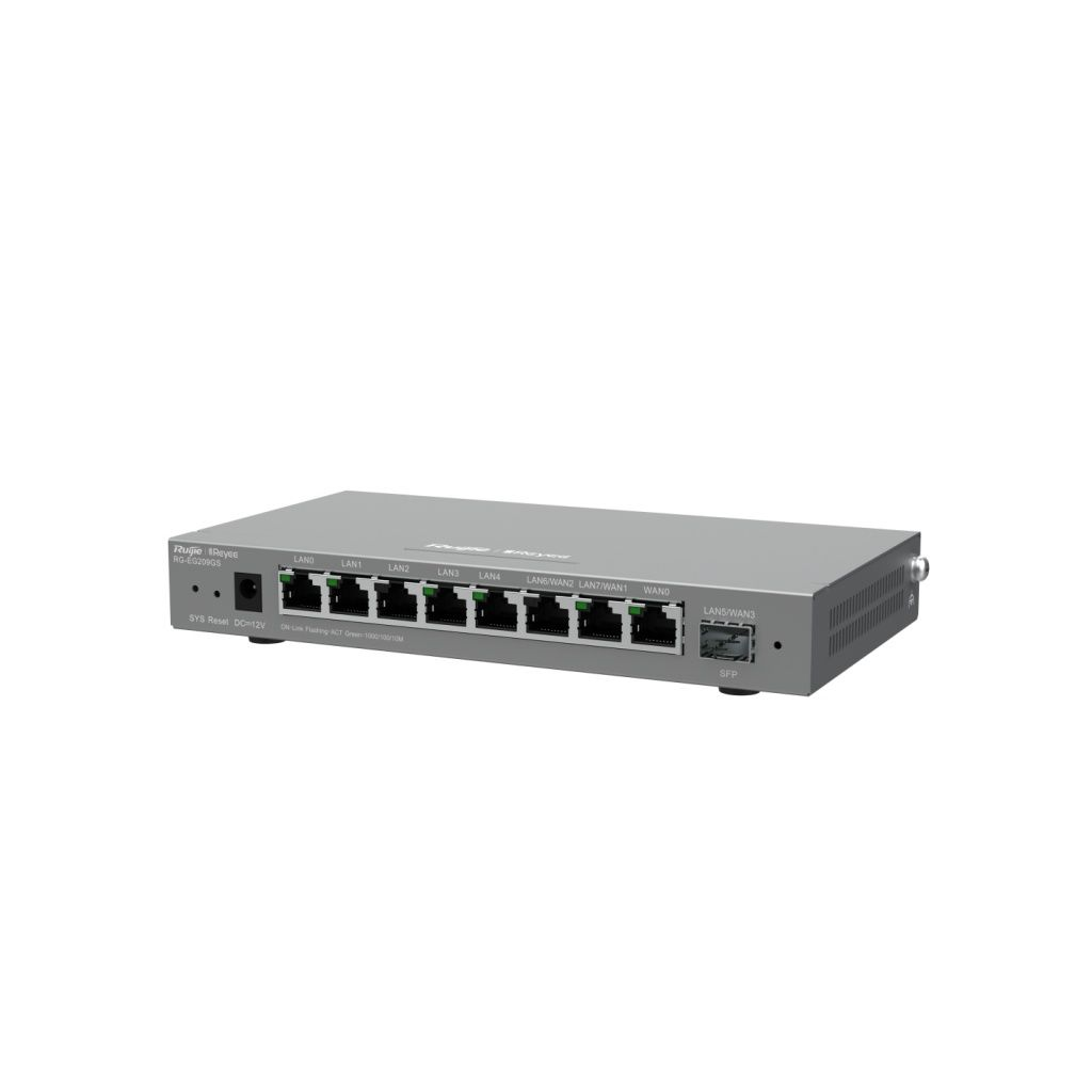 Router di rete grigio con più porte LAN/WAN e slot SFP.