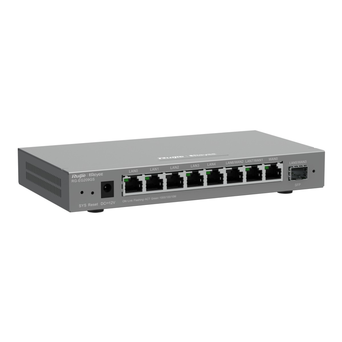 Un router Ruijie RG-EG209GS grigio con più porte LAN e WAN.