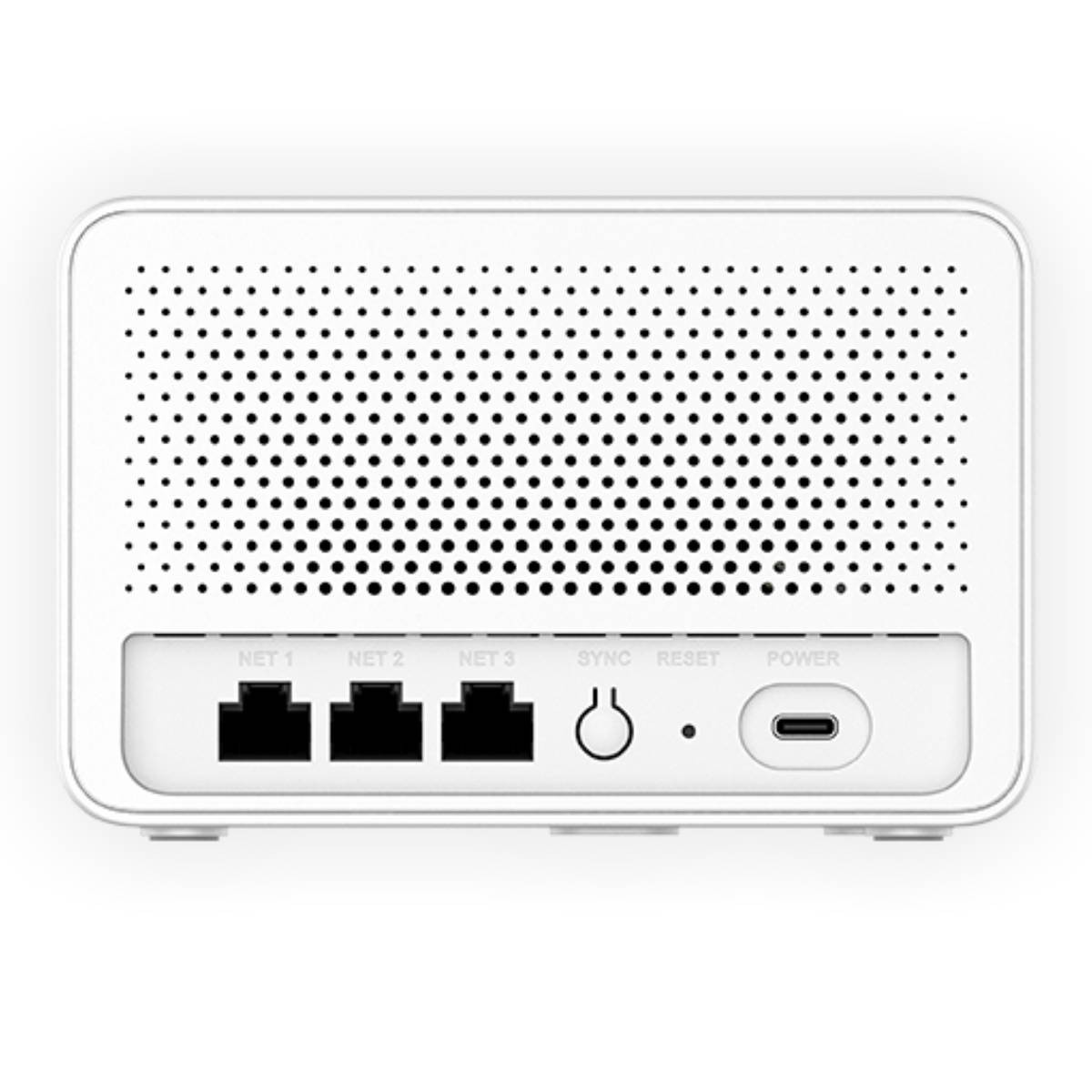 Un dispositivo bianco con tre porte di rete, connessioni sync, reset e alimentazione.