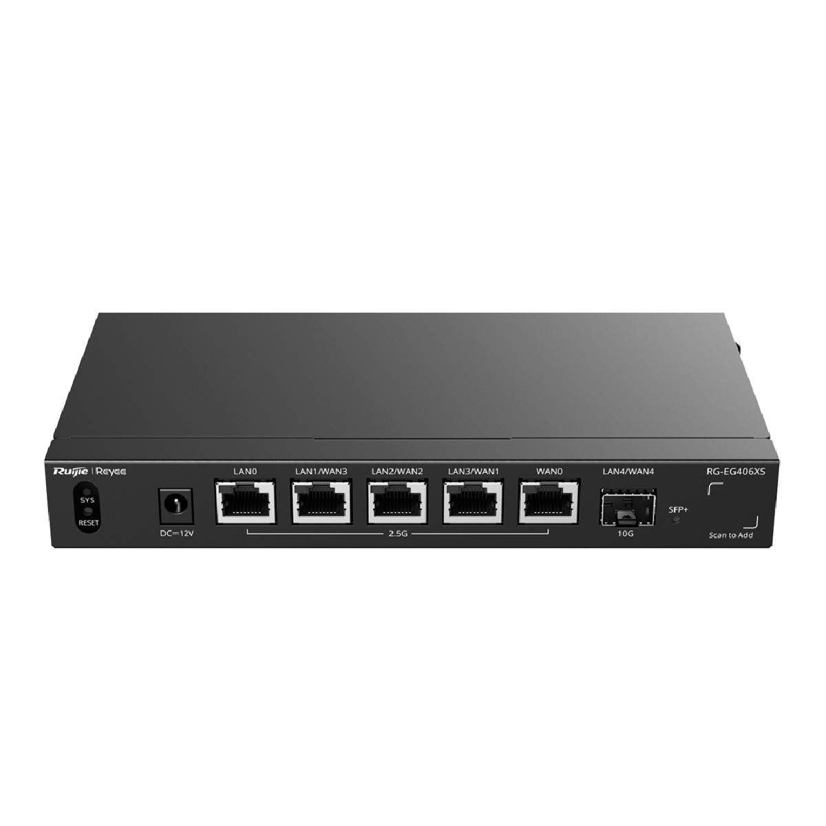 Router di rete nero con etichette per porte LAN, WAN e ingresso di alimentazione.