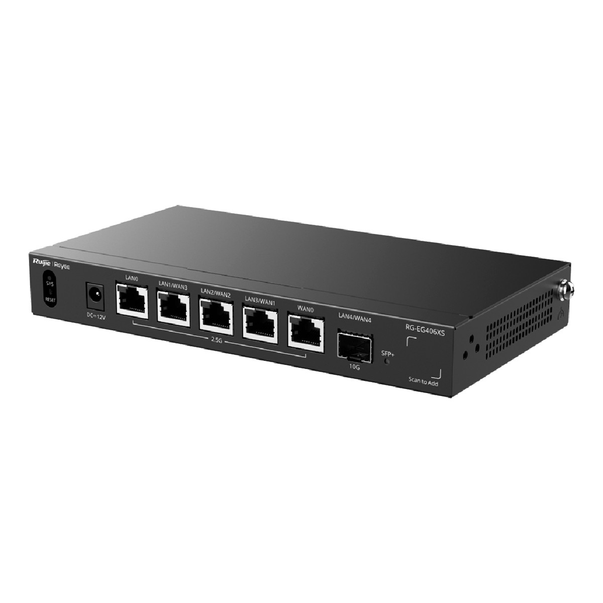 Un router di rete nero Ruijie RG-EG406XS con porte LAN/WAN multiple e SFP+.
