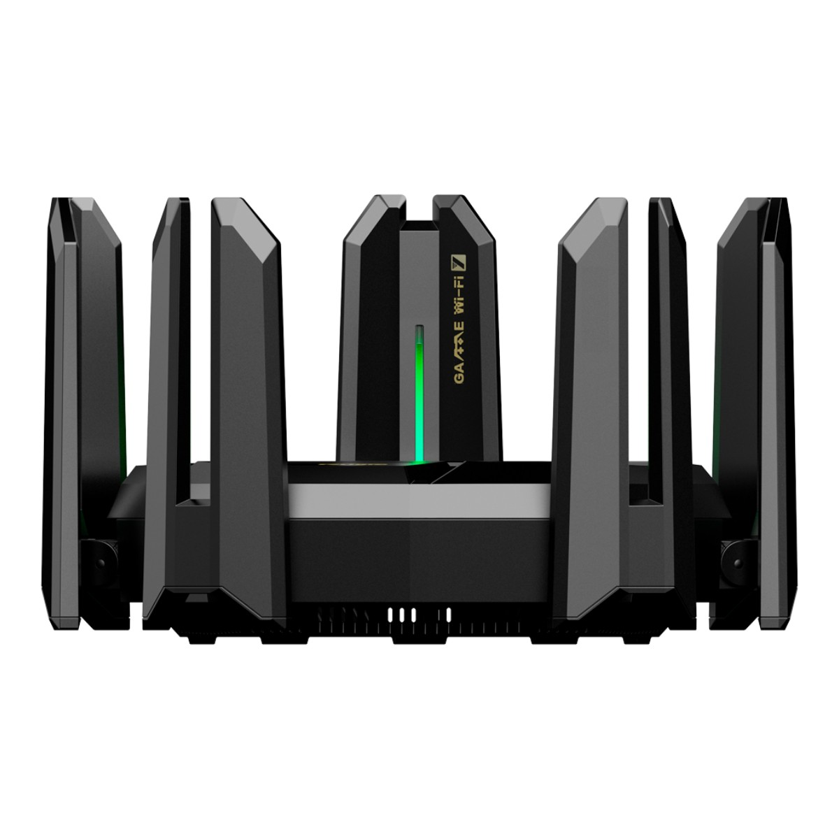 Un sistema Wi-Fi mesh nero con più antenne e una luce LED verde.