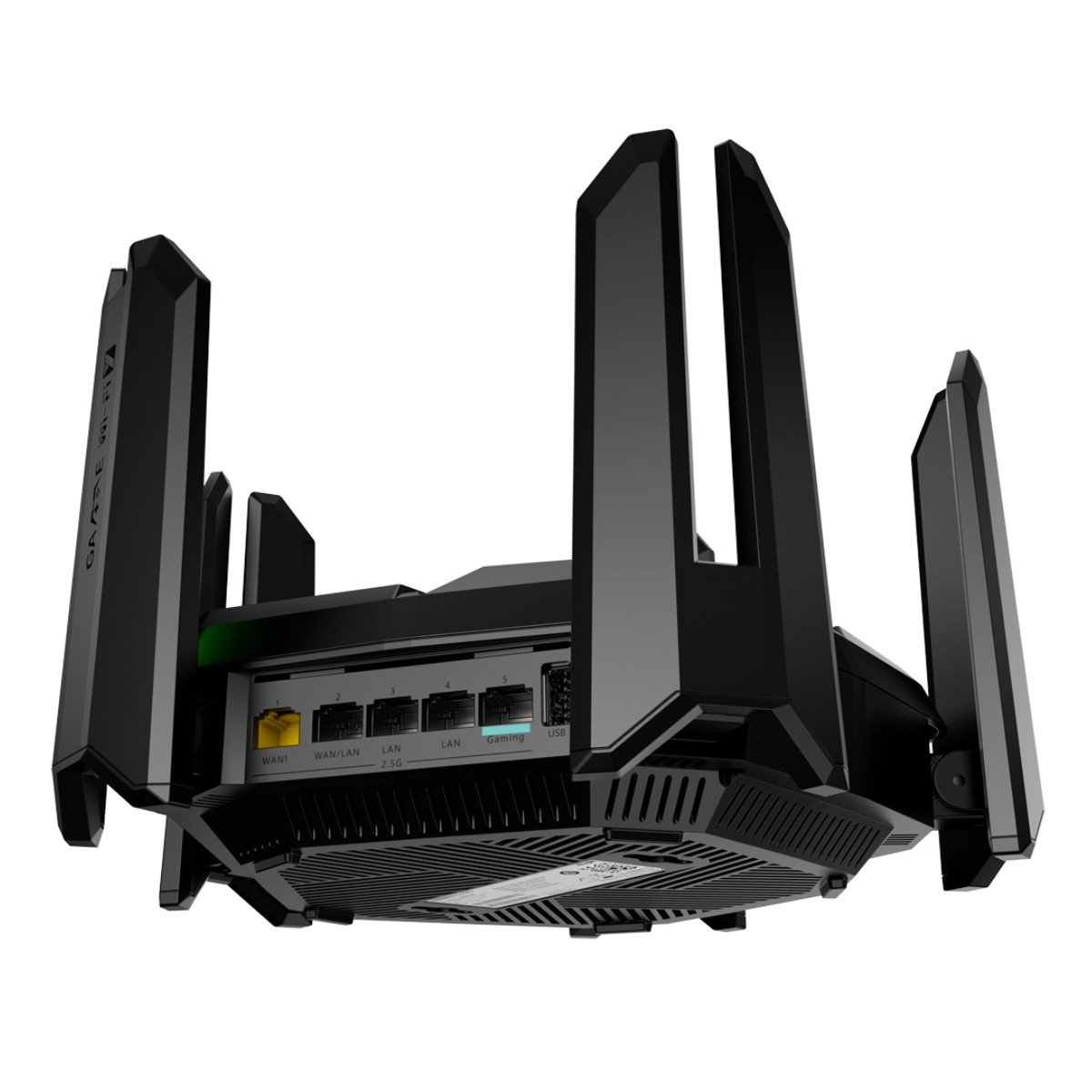 Router da gioco nero con più antenne e porte visibili: WAN, LAN, USB.