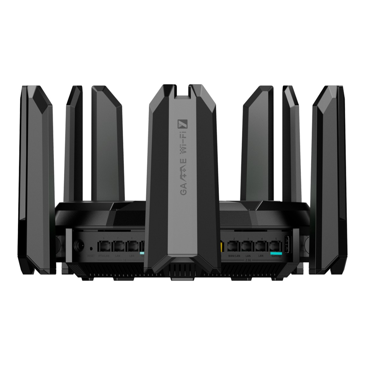 Un router nero con più antenne e porte.