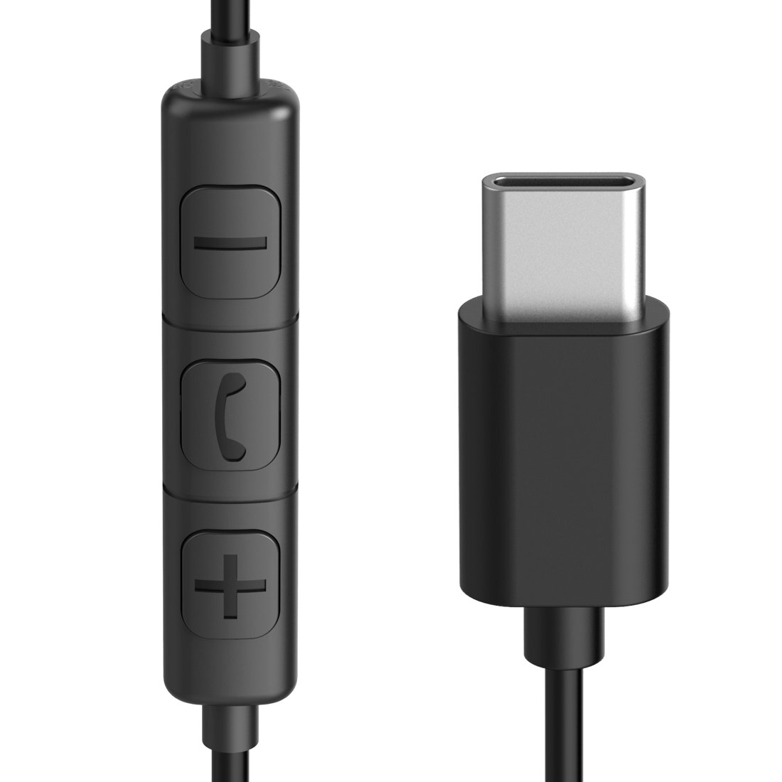 Nahaufnahme eines schwarzen Kopfhörerkabels mit Lautstärketasten und USB-C-Stecker.