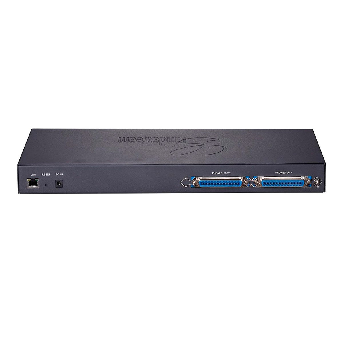 Dispositivo di rete nero con LAN, Reset, DC In e due porte telefoniche.