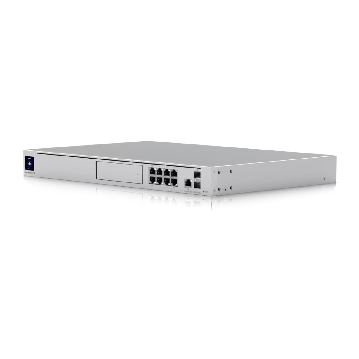Switch di rete argentato con luci e porte blu.