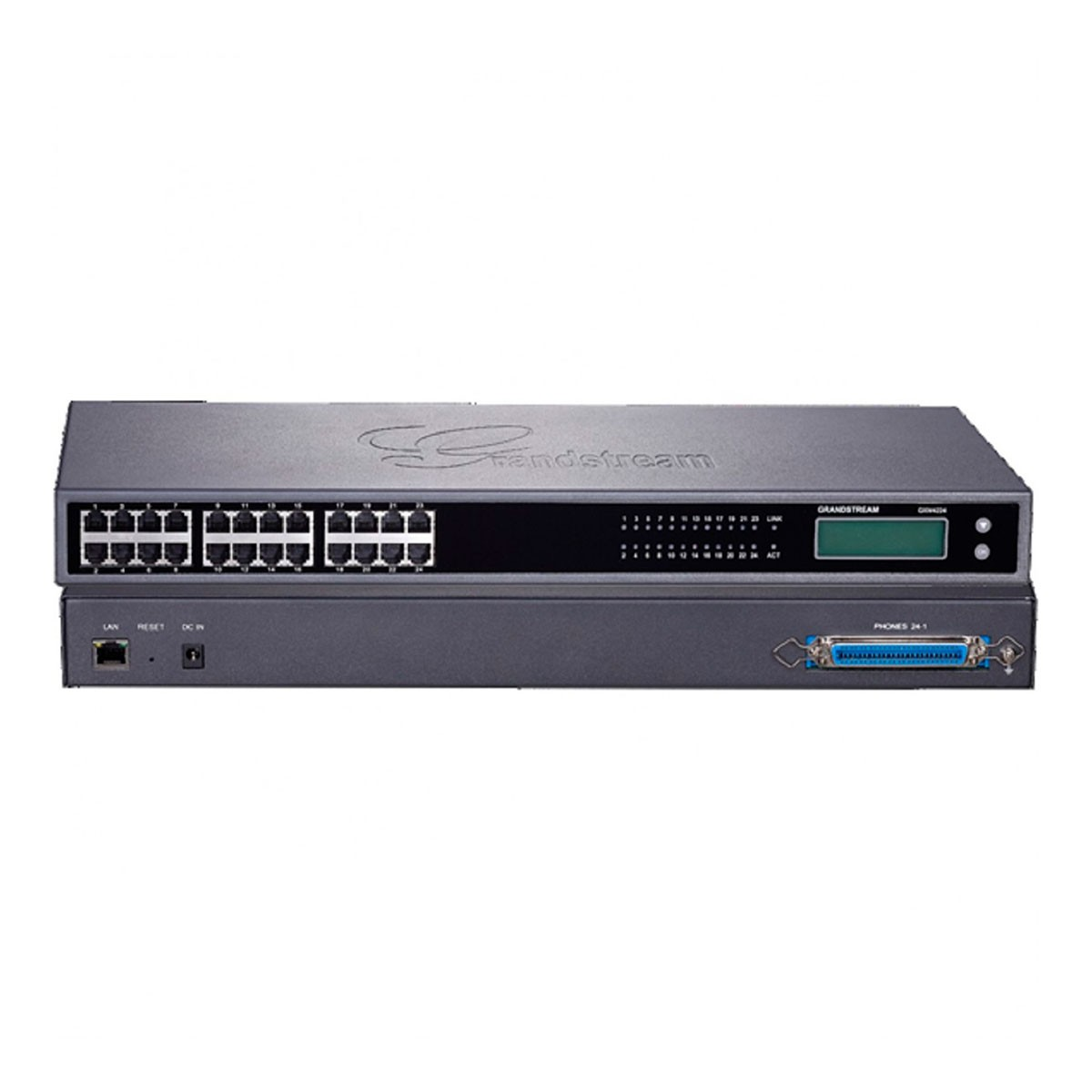 Un dispositivo di rete Grandstream grigio con 24 porte e schermo LCD.