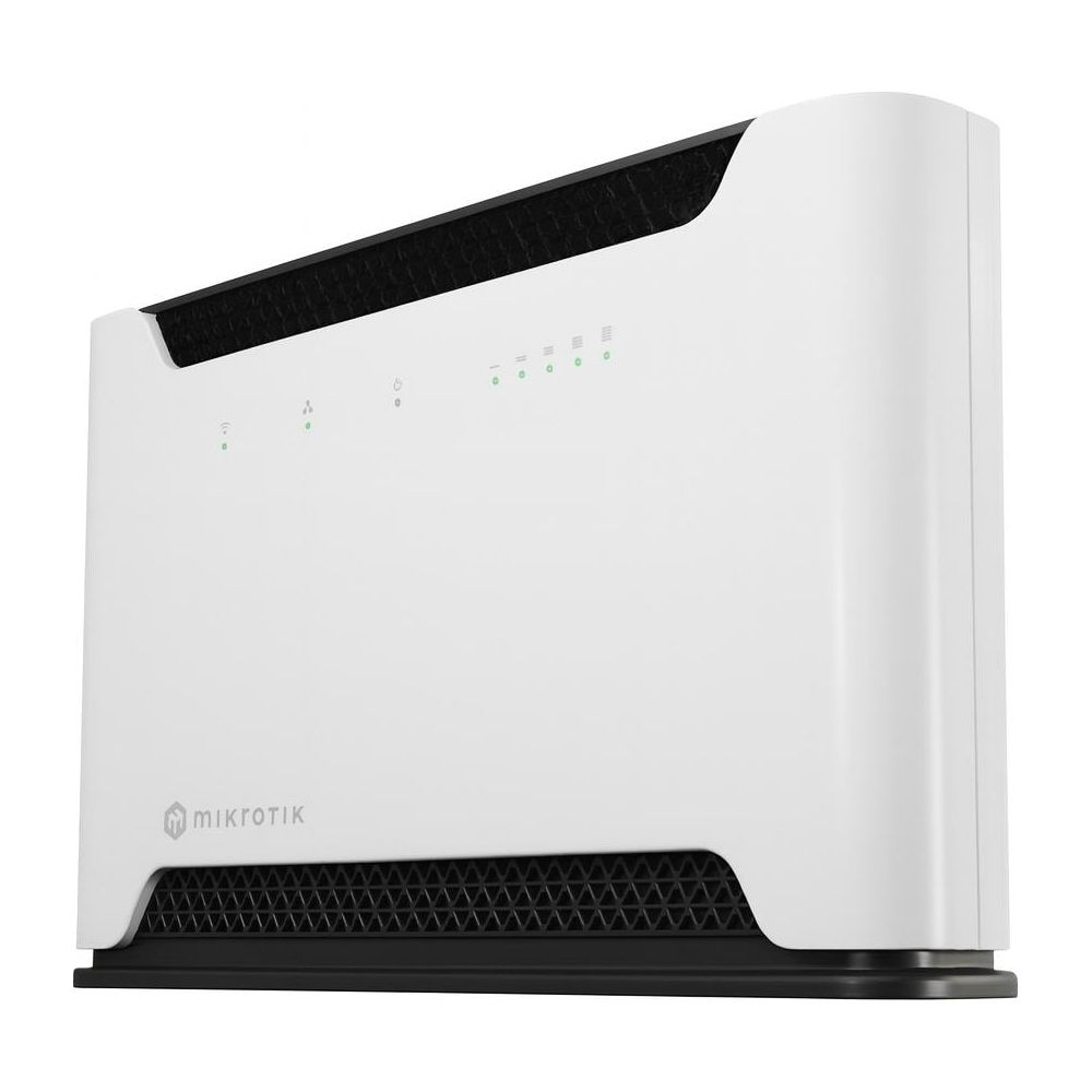 Un router Mikrotik bianco con fessure di ventilazione e LED di stato.