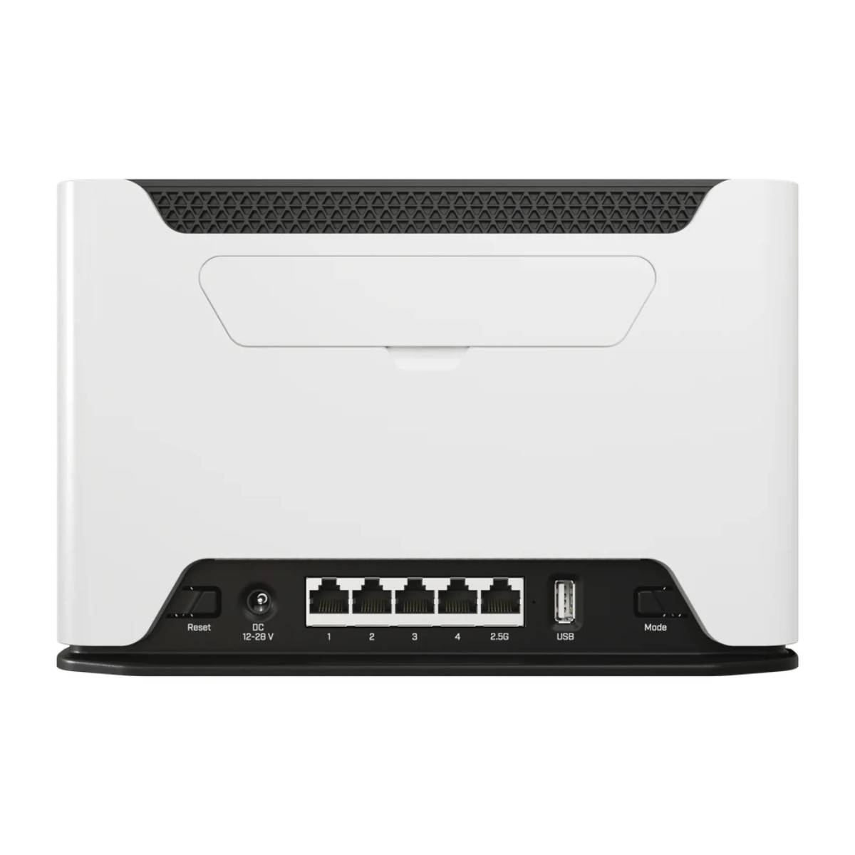 Un router bianco con porte Ethernet, USB e connessione di alimentazione.