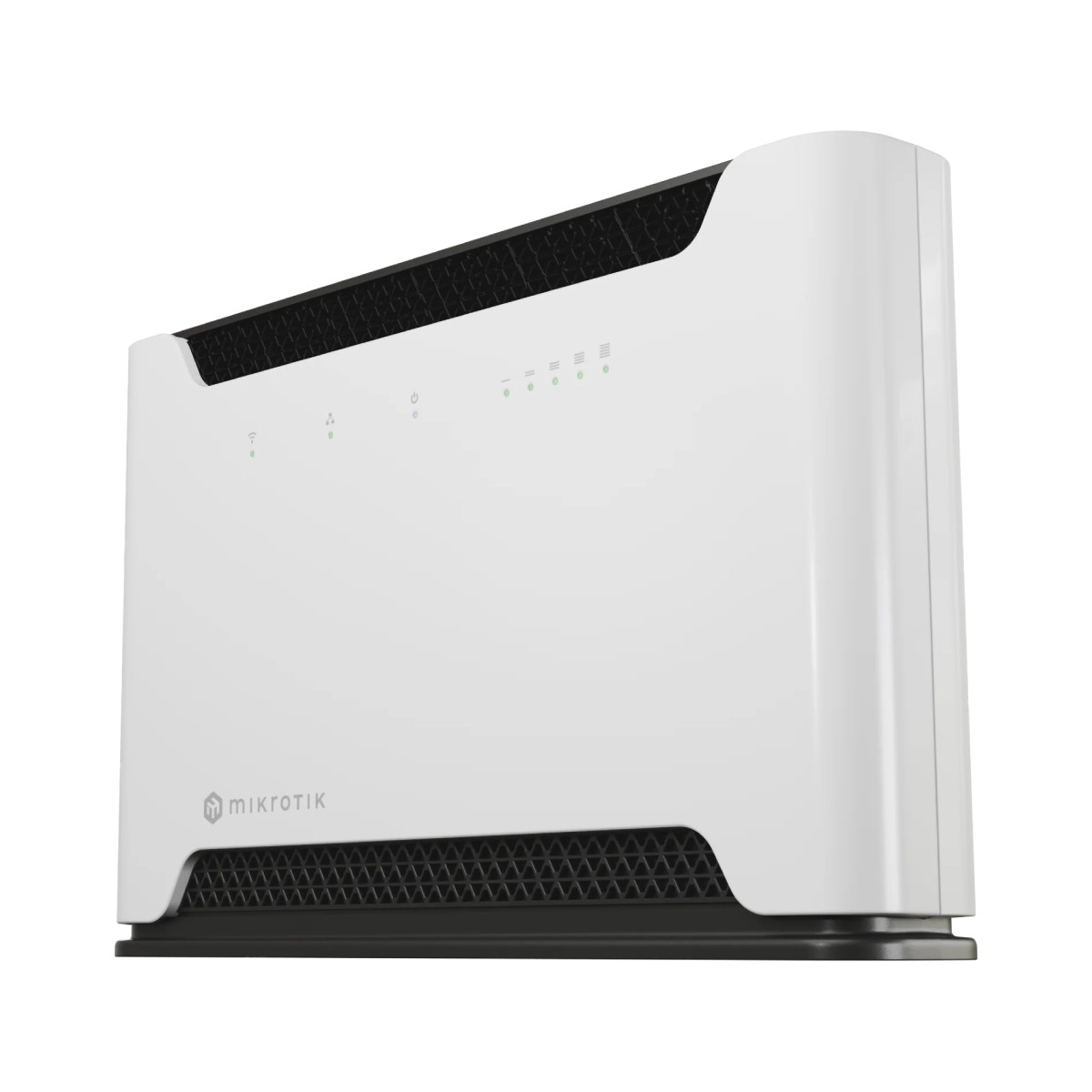 Un router Mikrotik bianco con prese d'aria nere e spie luminose.