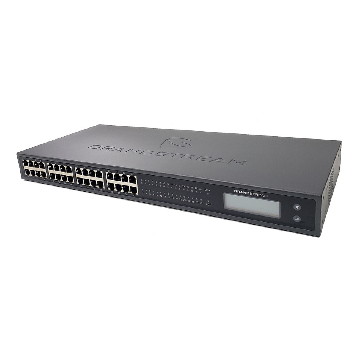 Uno switch di rete Grandstream nero con 32 porte e un piccolo schermo LCD.