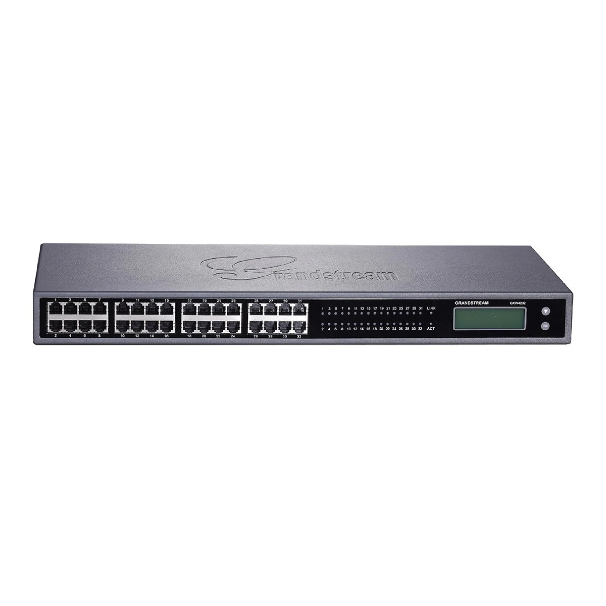 Switch di rete Grandstream GXW4232 grigio con 32 porte e schermo LCD.