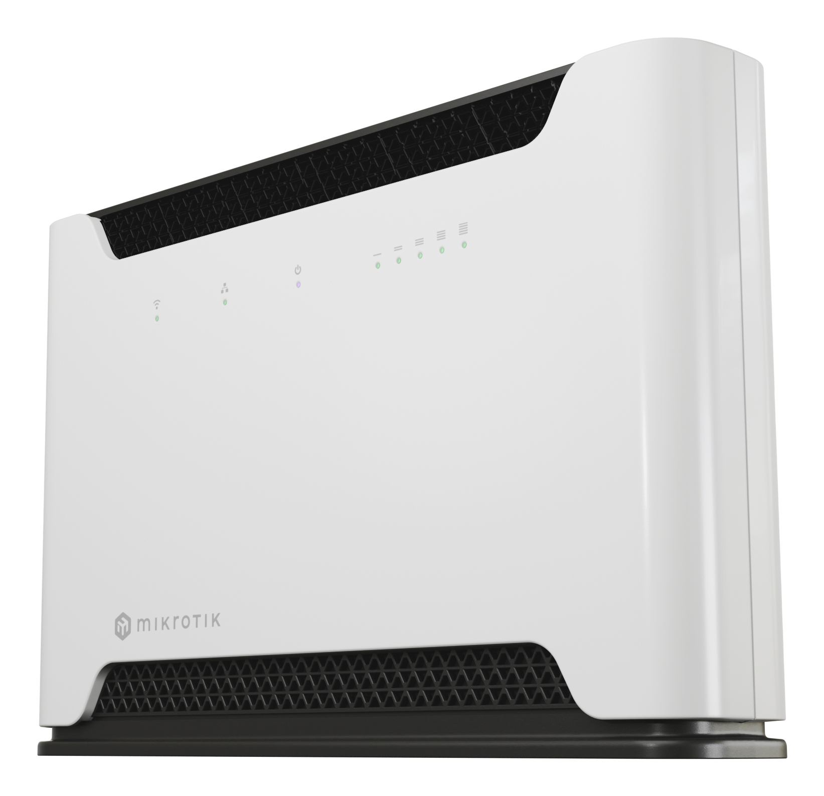 Un router Mikrotik bianco con prese d'aria nere e spie di stato.
