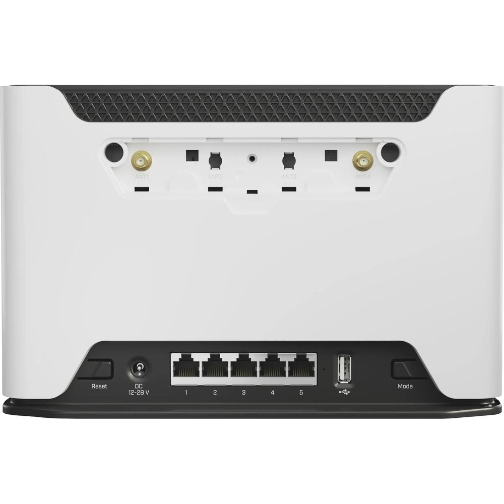 Un router bianco con porte per antenna, alimentazione, USB e Ethernet sul retro.
