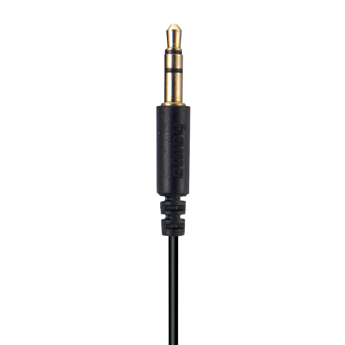 Złoty wtyk audio 3,5 mm z czarnym uchwytem i kablem.