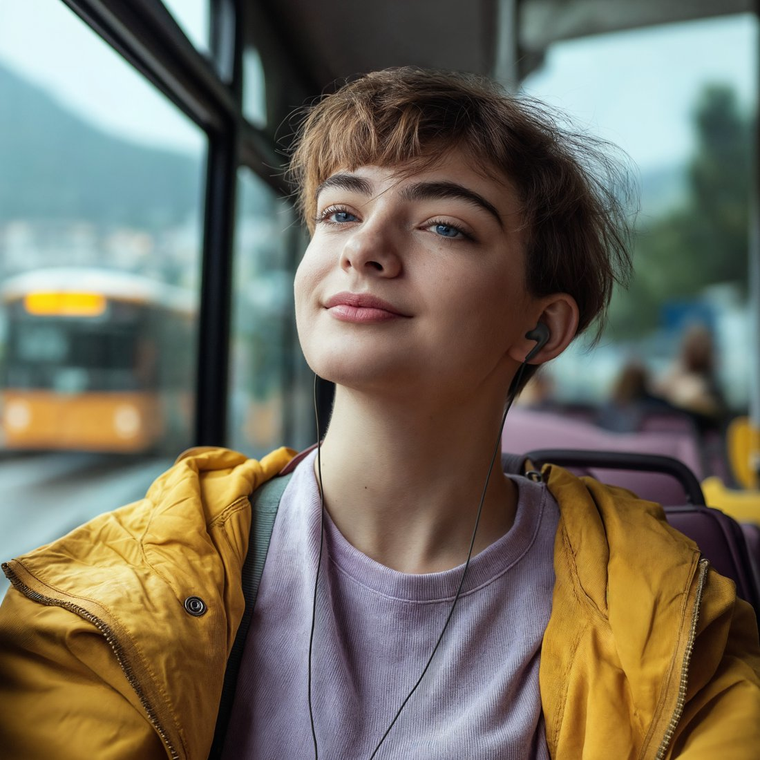 Młoda kobieta w słuchawkach w autobusie, żółta kurtka, patrzy w górę.