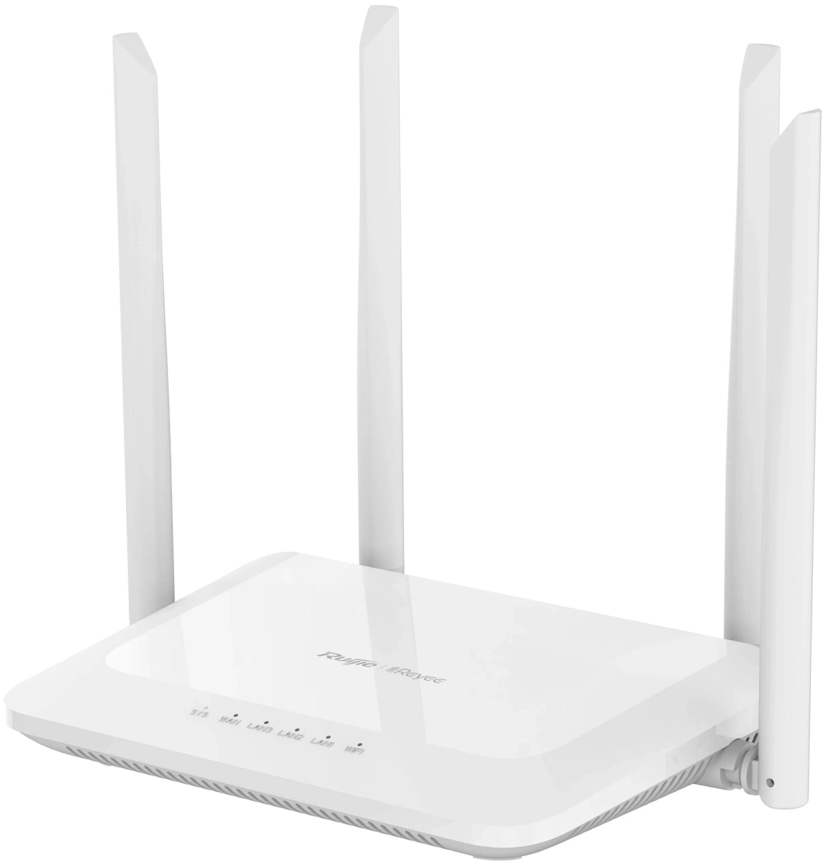 Un router bianco con quattro antenne e spie luminose sul davanti.