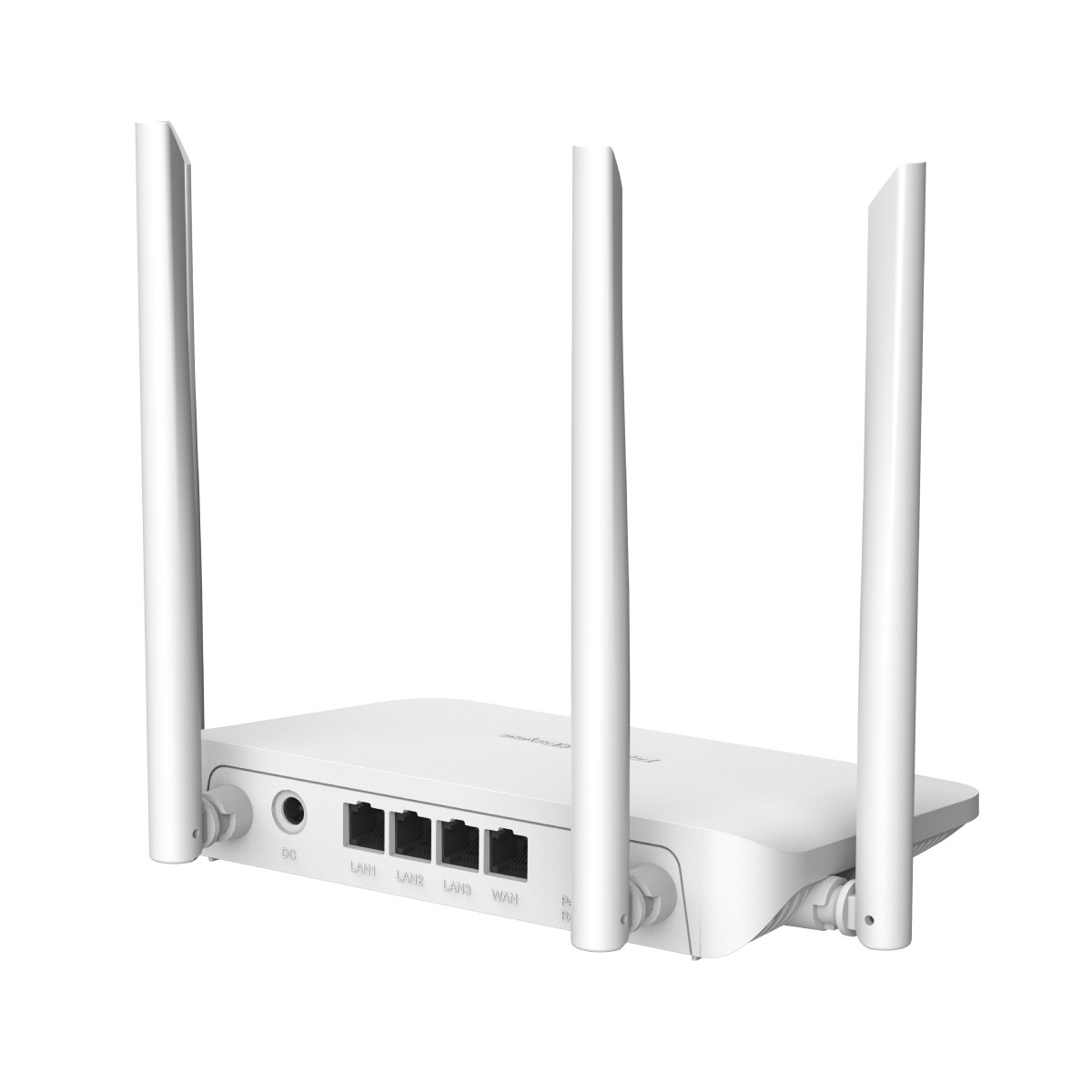 Un router Wi-Fi bianco con quattro antenne e diverse porte LAN.