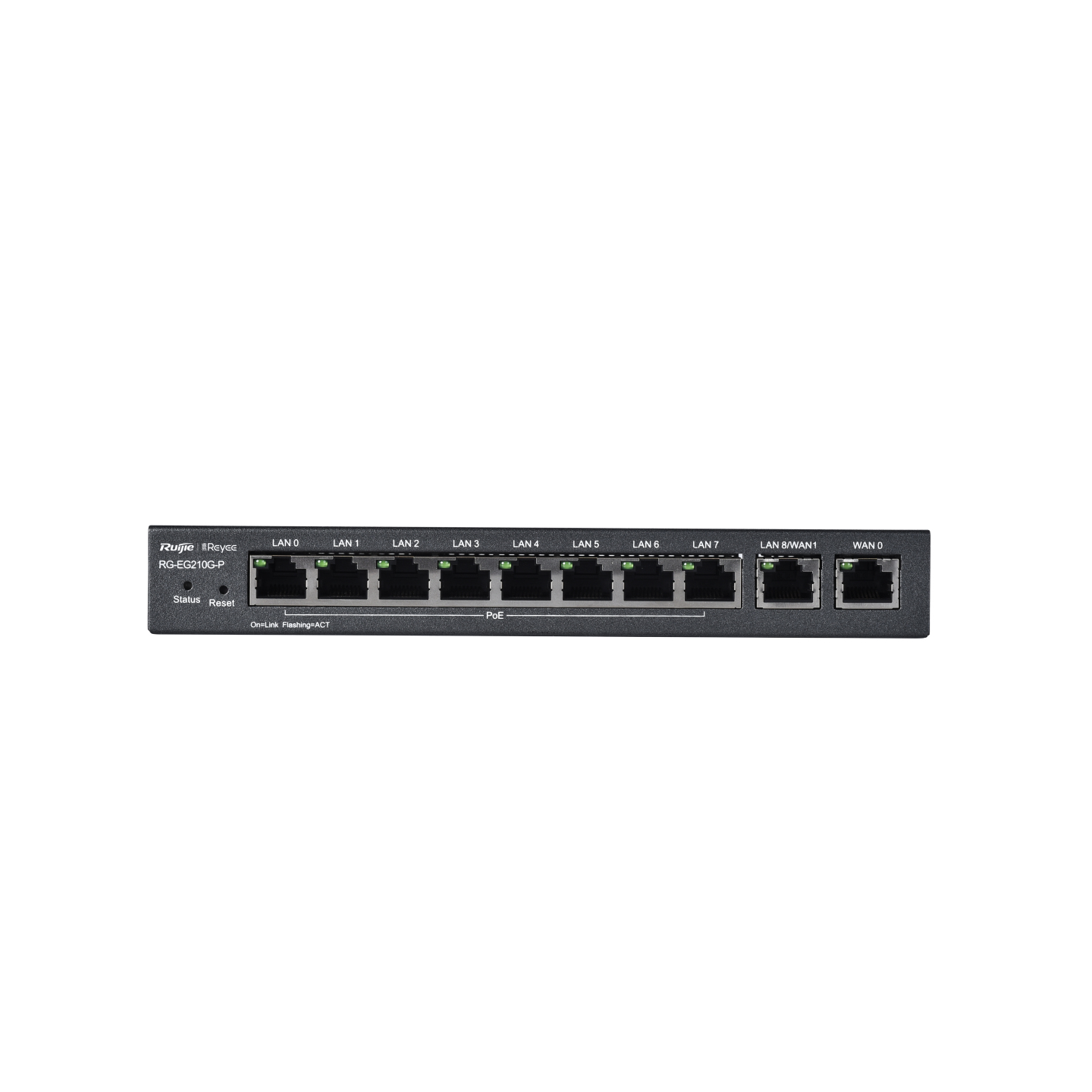 Uno switch di rete nero con 10 porte etichettate LAN 0-8/WAN1 e WAN 0.