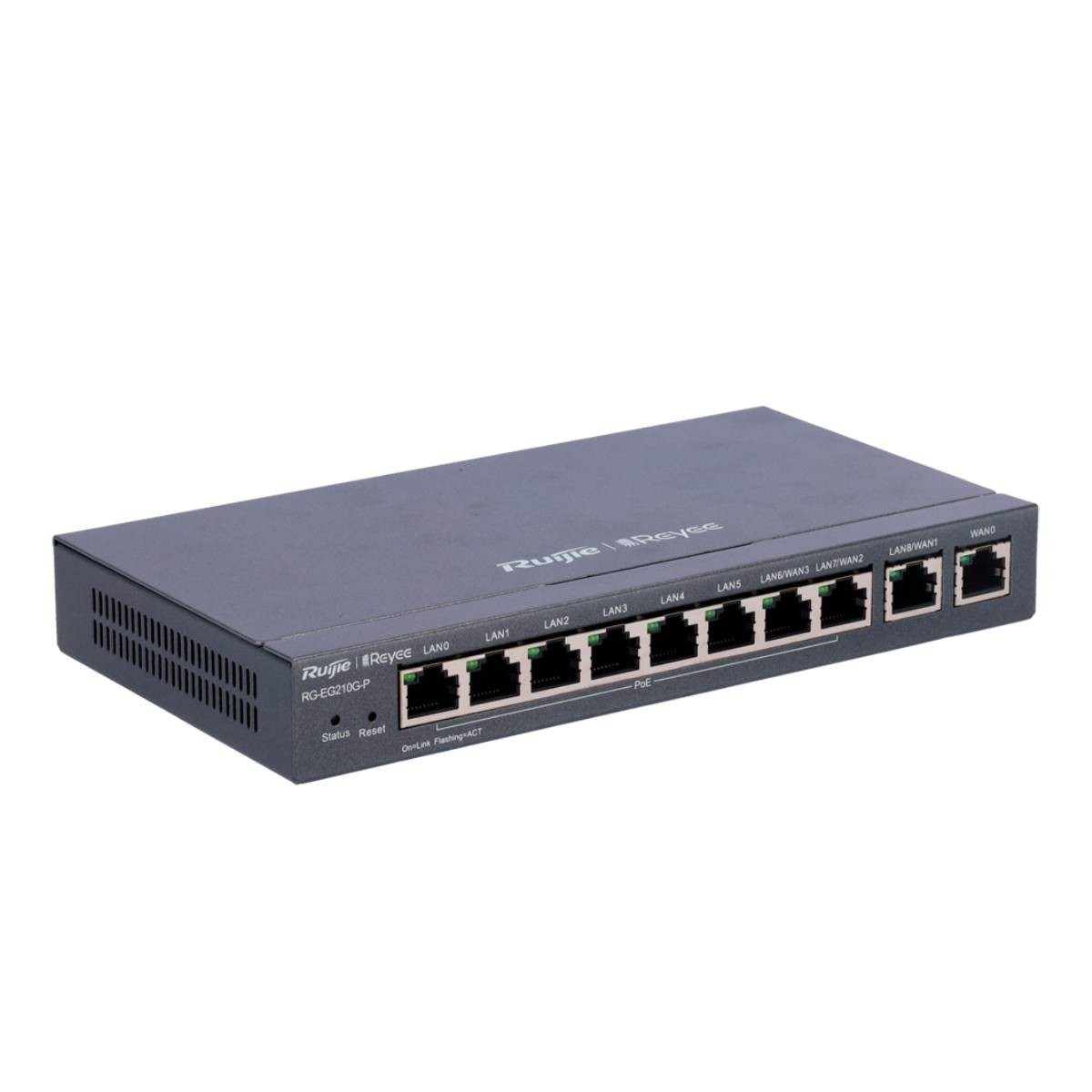 Uno switch di rete Ruijie Reyee RG-EG210G-P grigio con 8 porte LAN e 1 porta WAN.