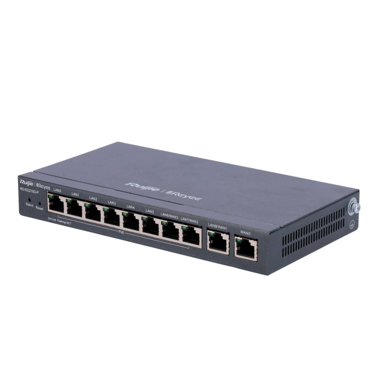Uno switch di rete grigio con più porte LAN e WAN.