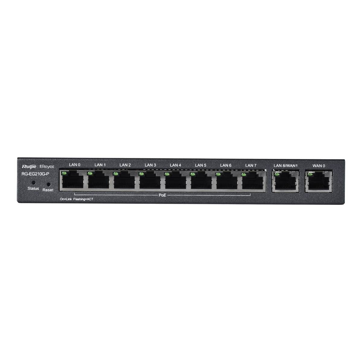 Uno switch di rete grigio con 8 porte LAN e 2 porte WAN.