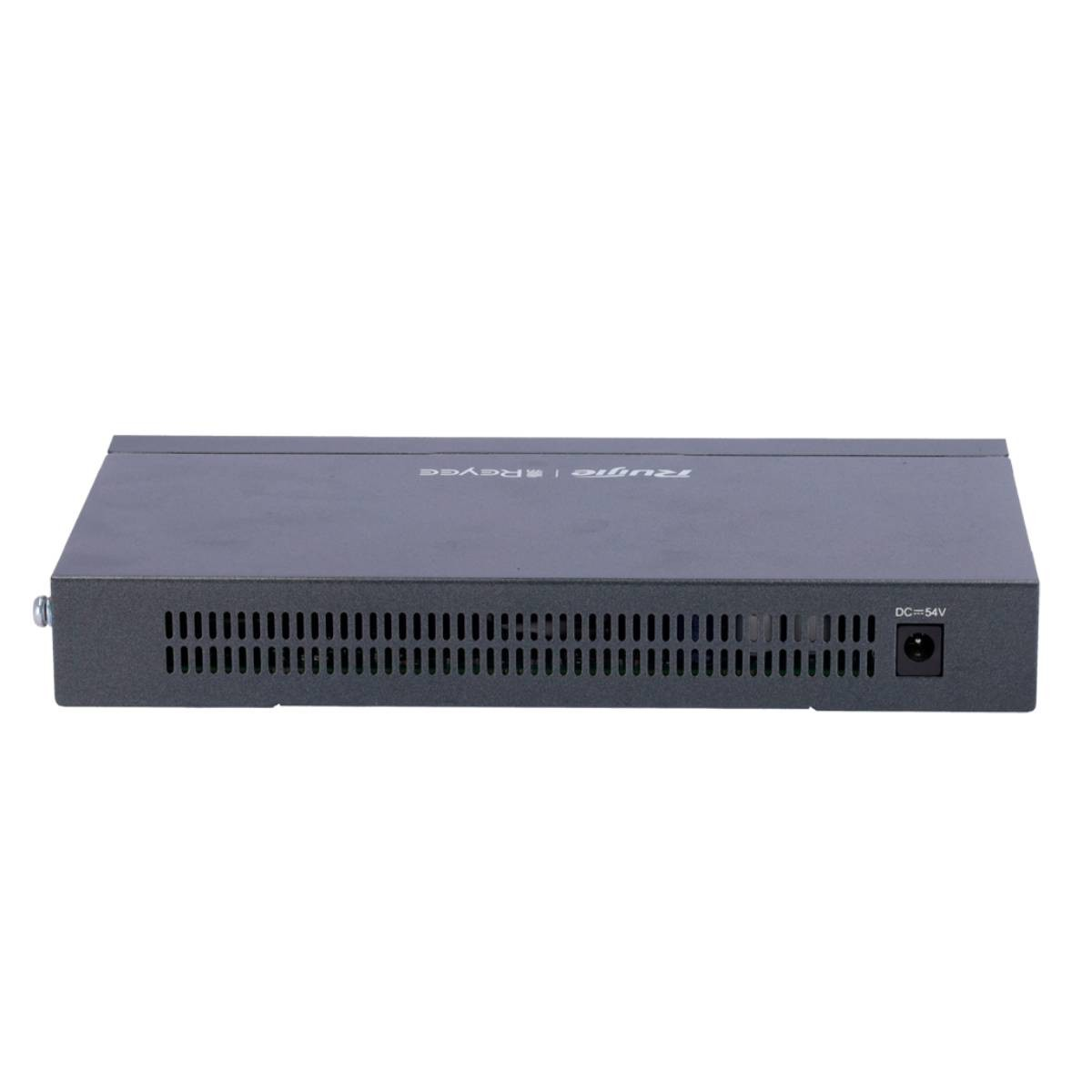 Un dispositivo di rete grigio con fessure di ventilazione e connettore DC 54V.