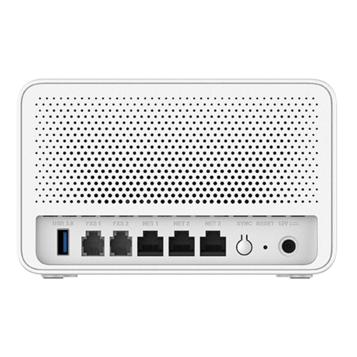 Retro router bianco con porte: USB 3.0, FXS 1, FXS 2, NET 1-3, Reset.