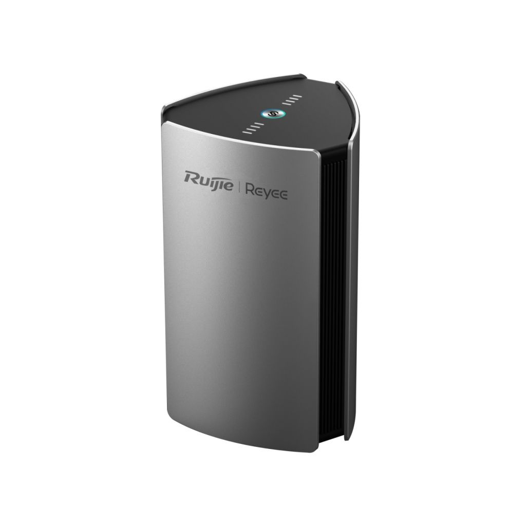 Un router Ruijie Reyee argentato con parte superiore nera dotata di spie di stato.