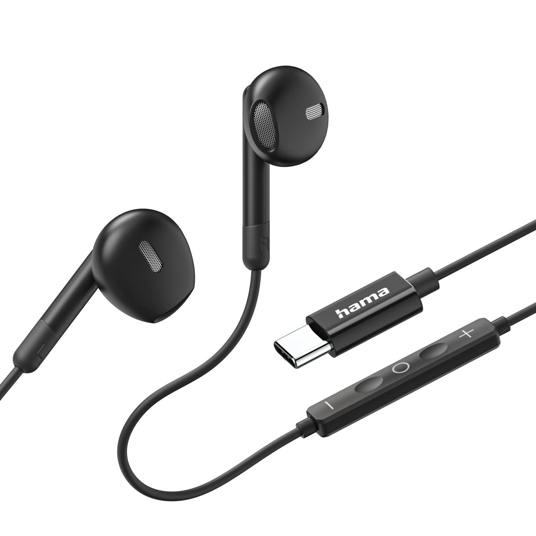 Czarne słuchawki Hama ze złączem USB-C i wbudowanymi kontrolkami.