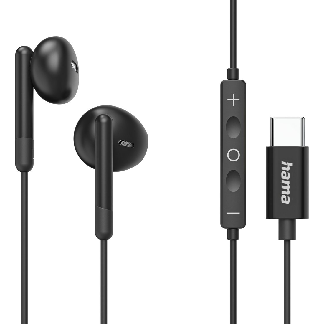 Czarne słuchawki douszne ze złączem USB-C i wbudowanymi kontrolkami.