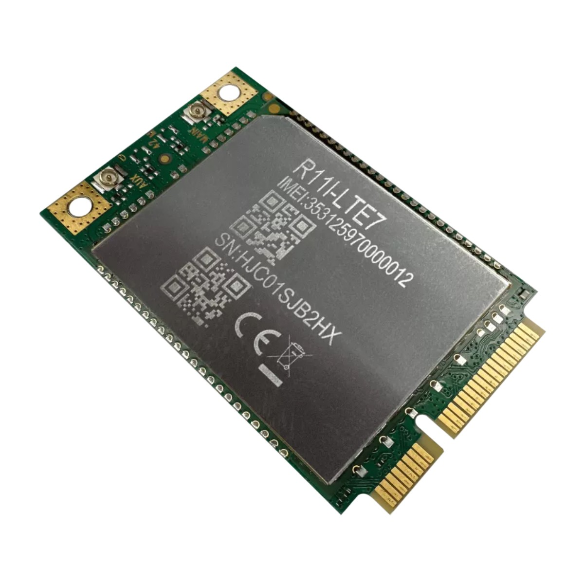 Un modulo LTE con numero di serie e marchio CE su sfondo bianco.