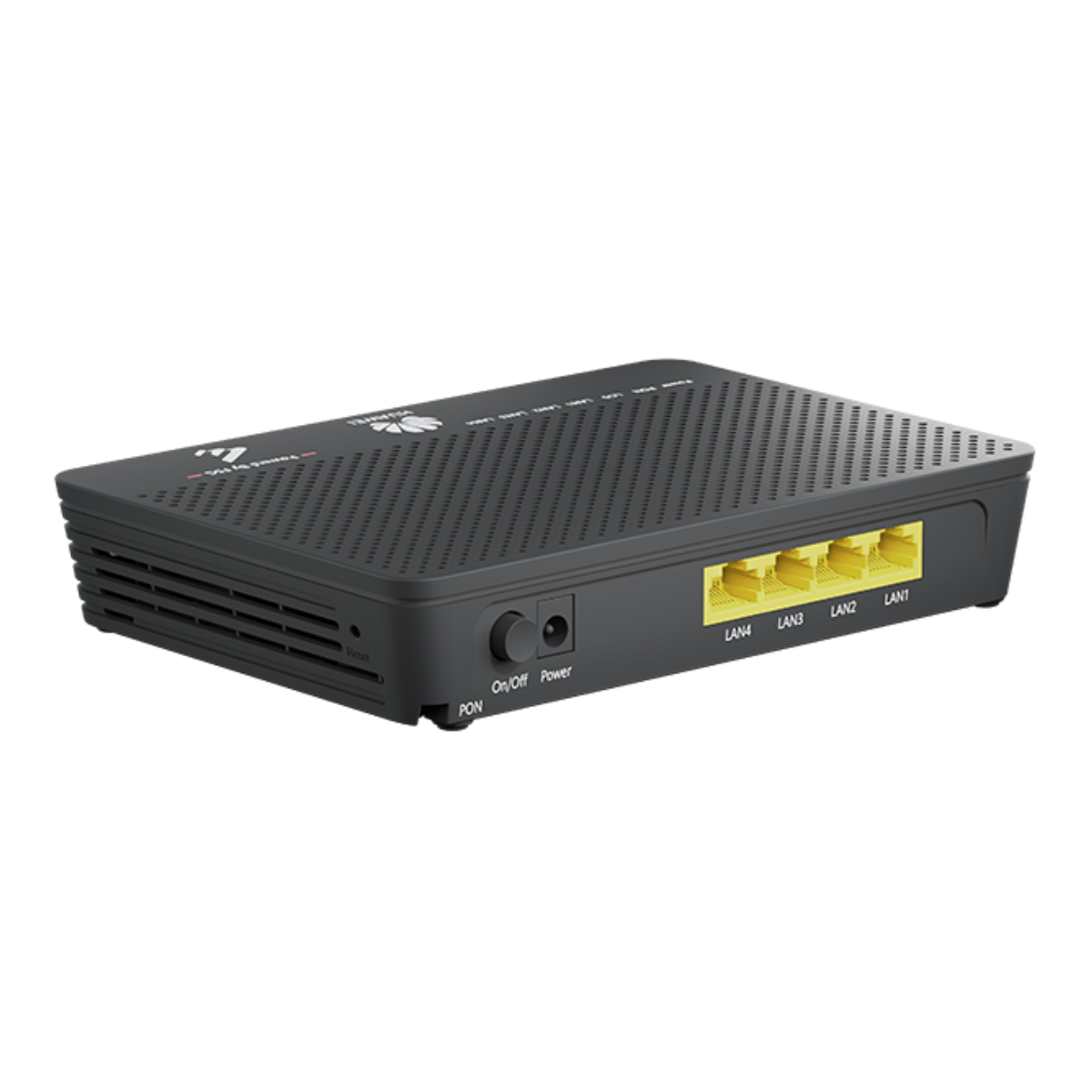 Router nero con quattro porte LAN gialle e interruttore accensione/spegnimento.