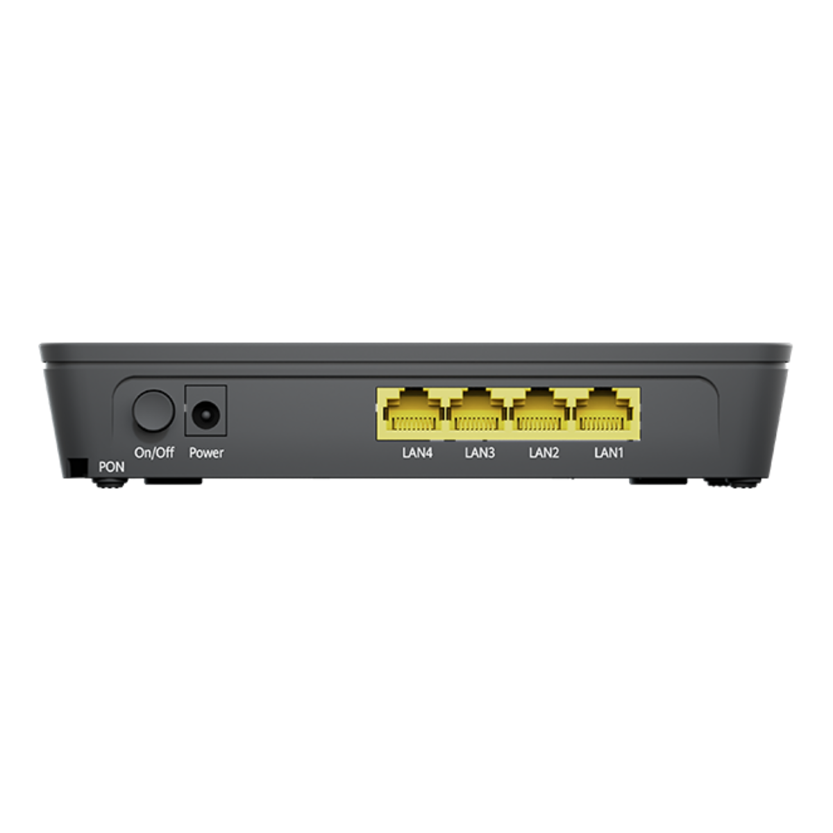 Retro di un router nero con porte PON, On/Off, Alimentazione e quattro porte LAN.