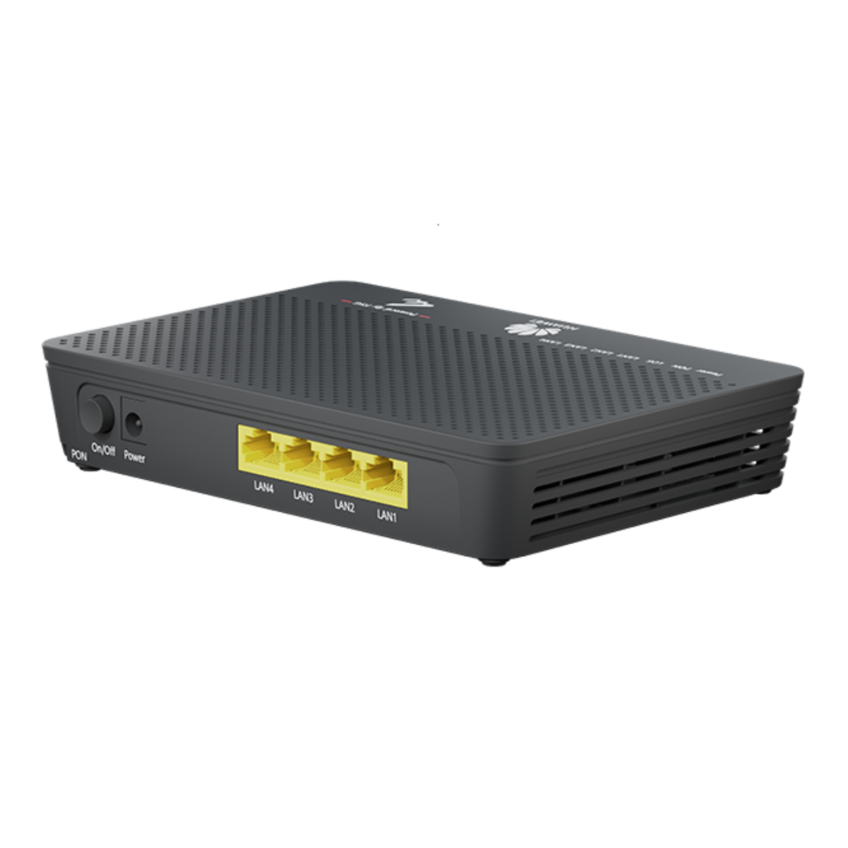 Un router Huawei nero con porte PON, On/Off, alimentazione e quattro porte LAN gialle.