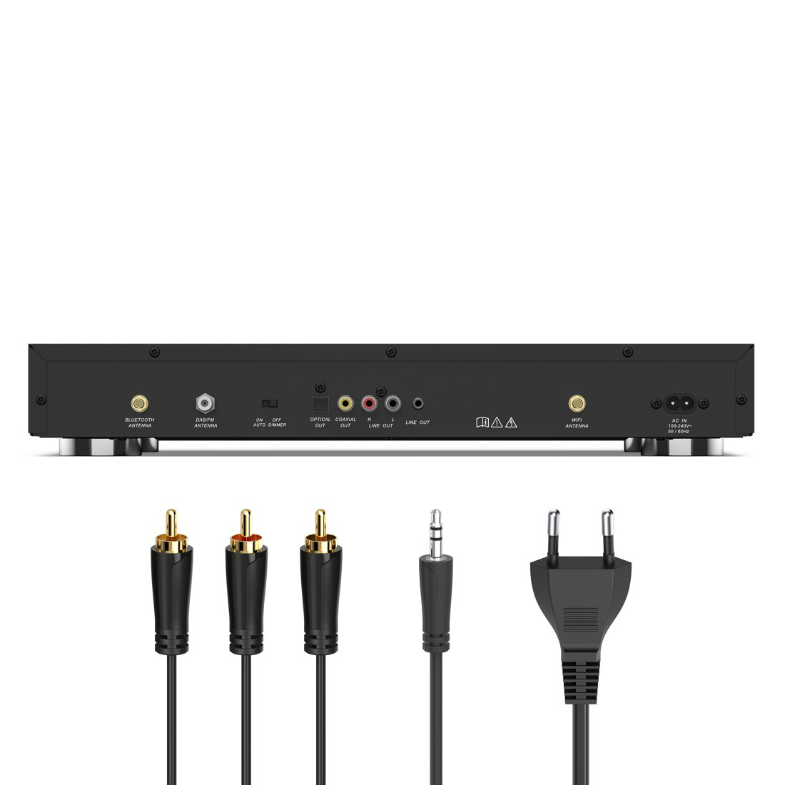 Tył urządzenia audio z portami i kablami.