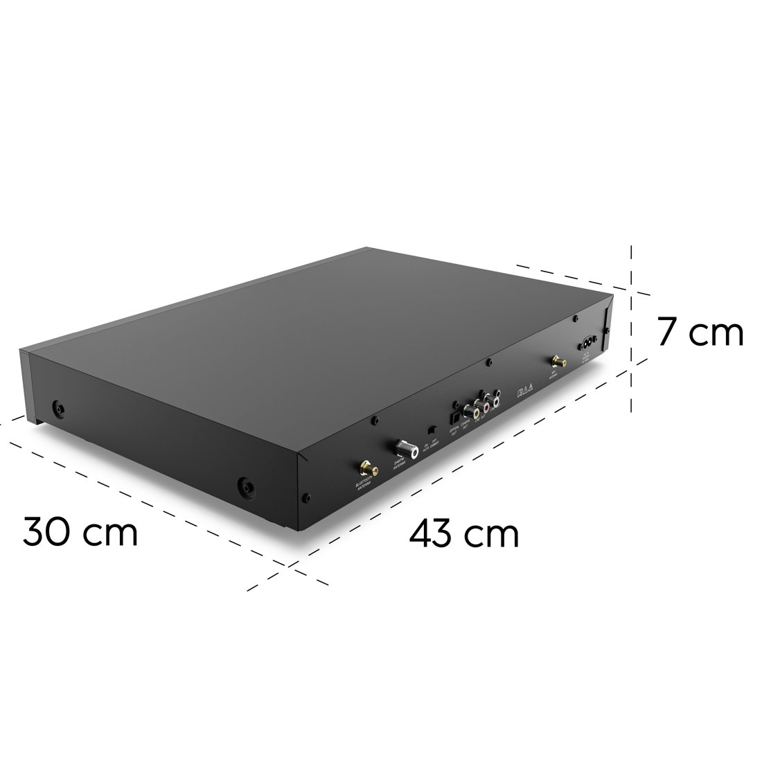 Czarne urządzenie audio o wymiarach 43x30x7cm z tyłu.