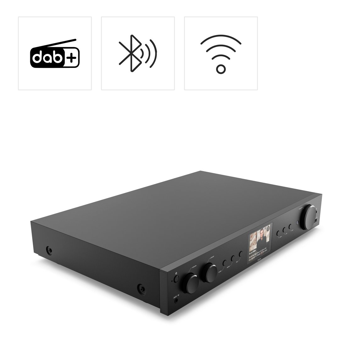 Czarny odbiornik DAB+ z ikonami Bluetooth i Wi-Fi na górze.