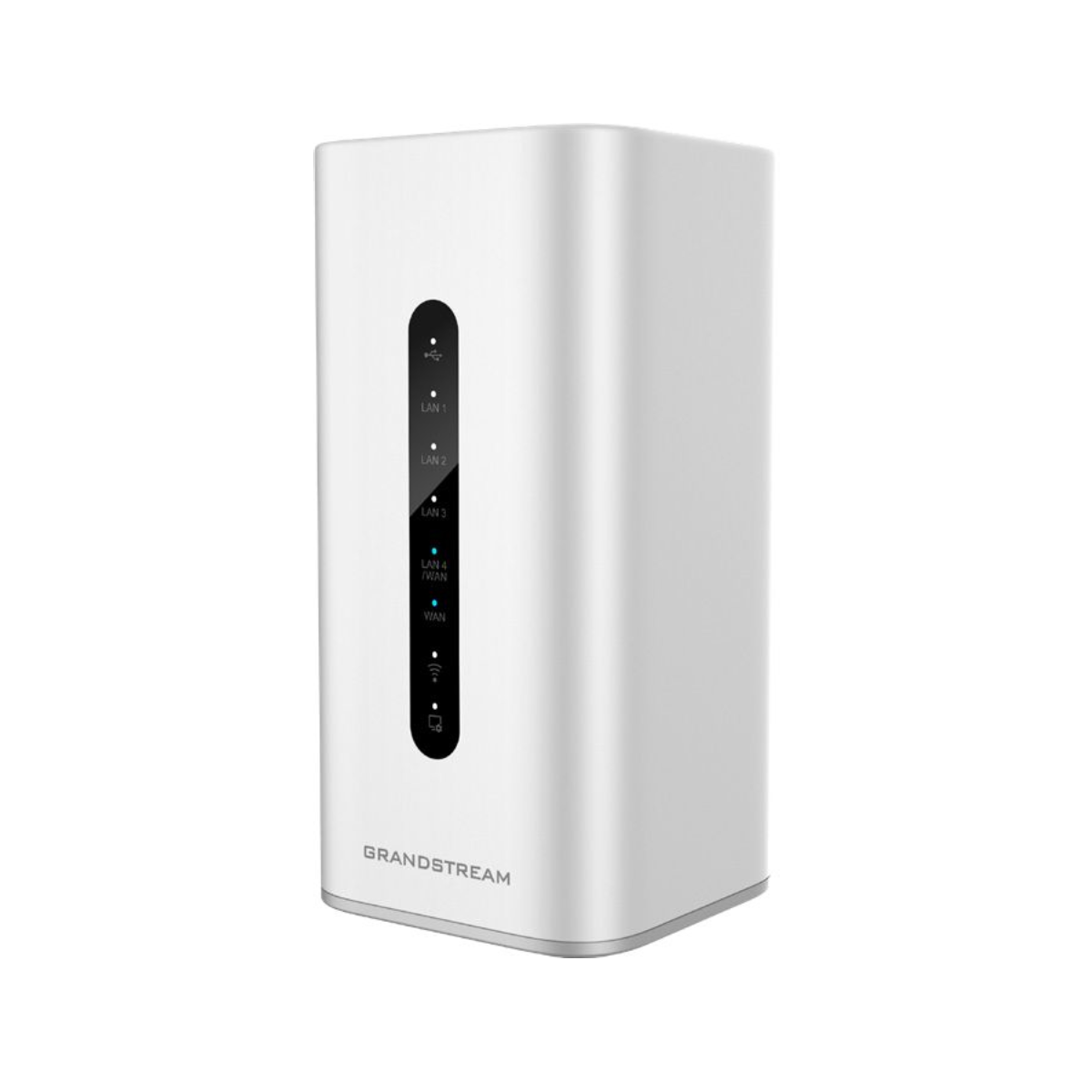 Un router bianco con porte LAN e spie luminose.