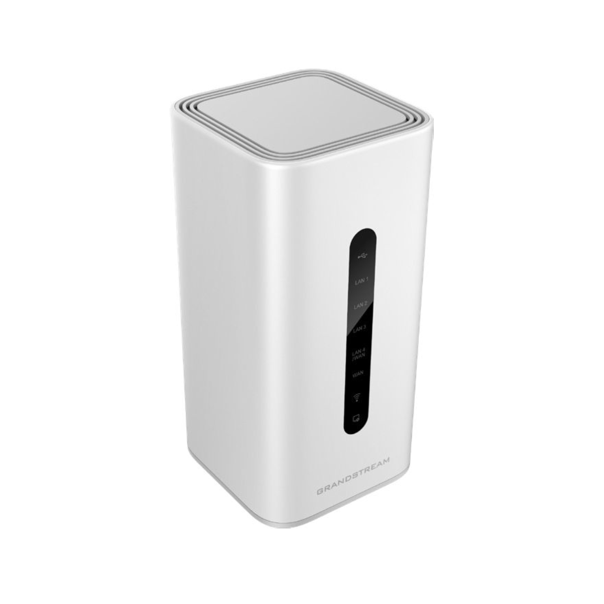 Un router Grandstream bianco con porte LAN e WAN.