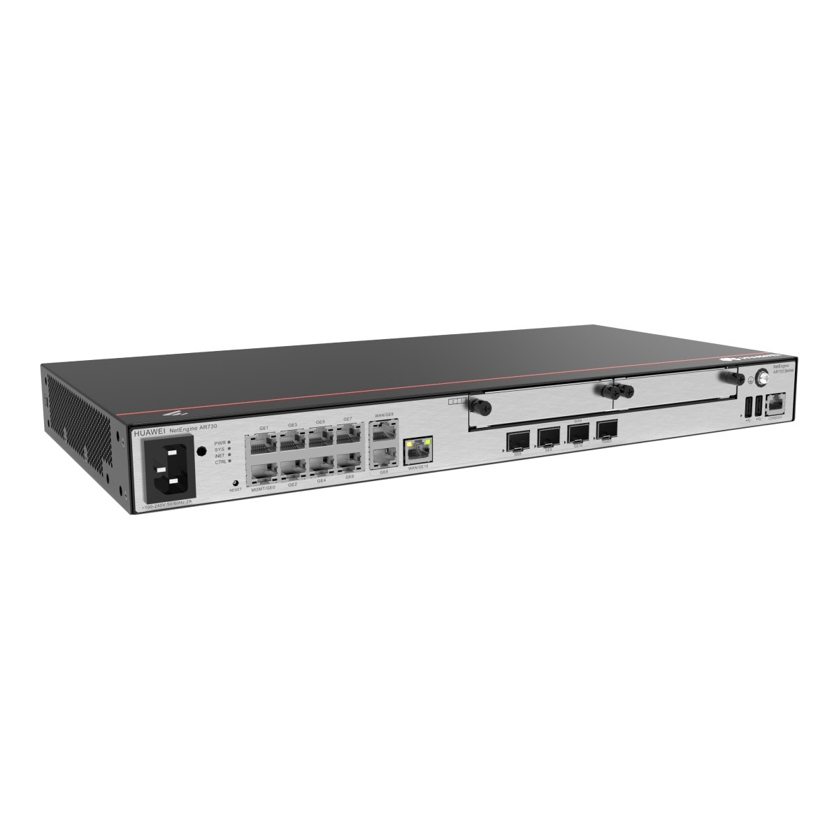 Router Huawei NetEngine AR730 con porte Ethernet multiple, ingresso alimentazione e spie di stato.