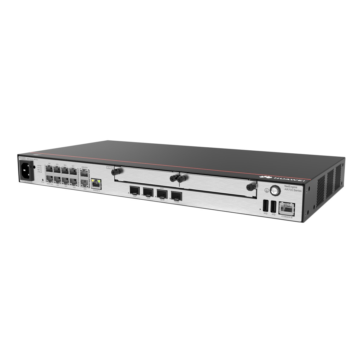Un router Huawei NetEngine Serie AR700 con porte e LED sul pannello frontale.
